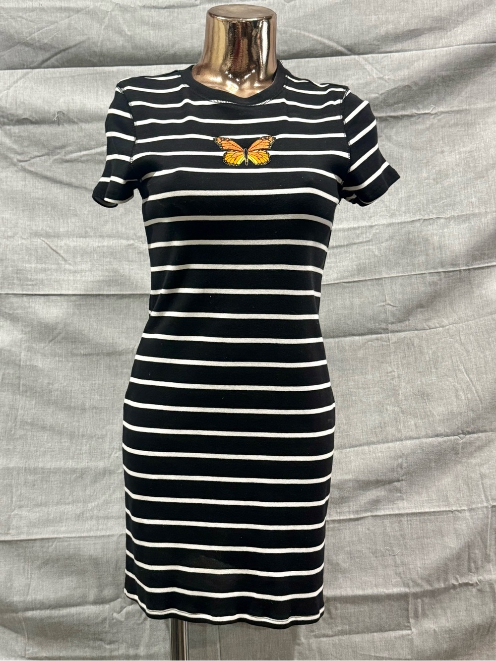 Mighty Fine Black & White Striped Mini Dress with Yellow Butterfly